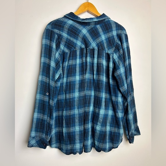 Dressbarn Blouse Top Women 2X Striped Flannel Metallic Holliday Button Down Blue - Picture 2 of 9